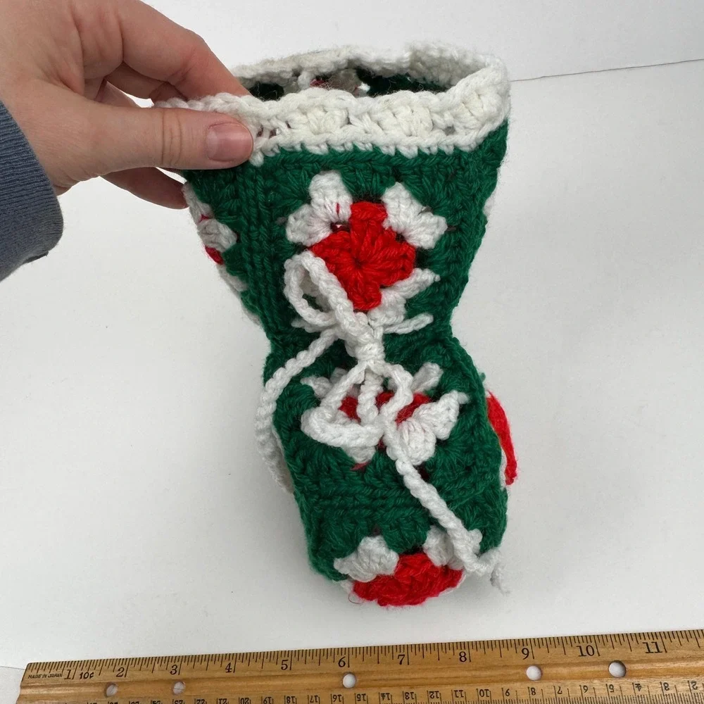 Vtg Small‎ Granny Square Red Green White Yarn Christmas Holiday Stocking Decor